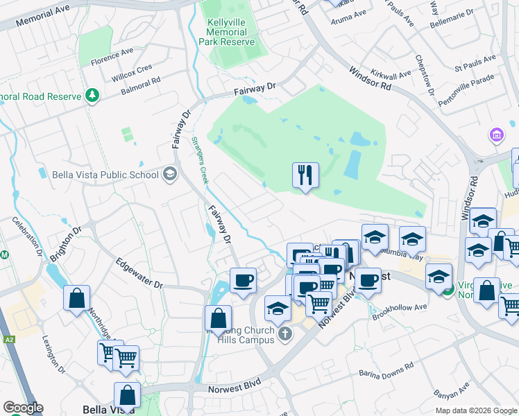 map of restaurants, bars, coffee shops, grocery stores, and more near 16 Putters Lane in Kellyville