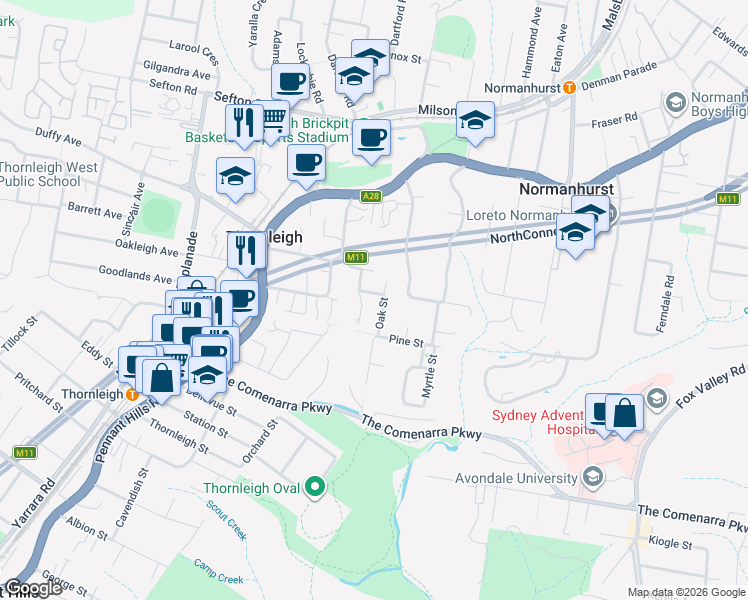 map of restaurants, bars, coffee shops, grocery stores, and more near 6 Oak Street in Normanhurst