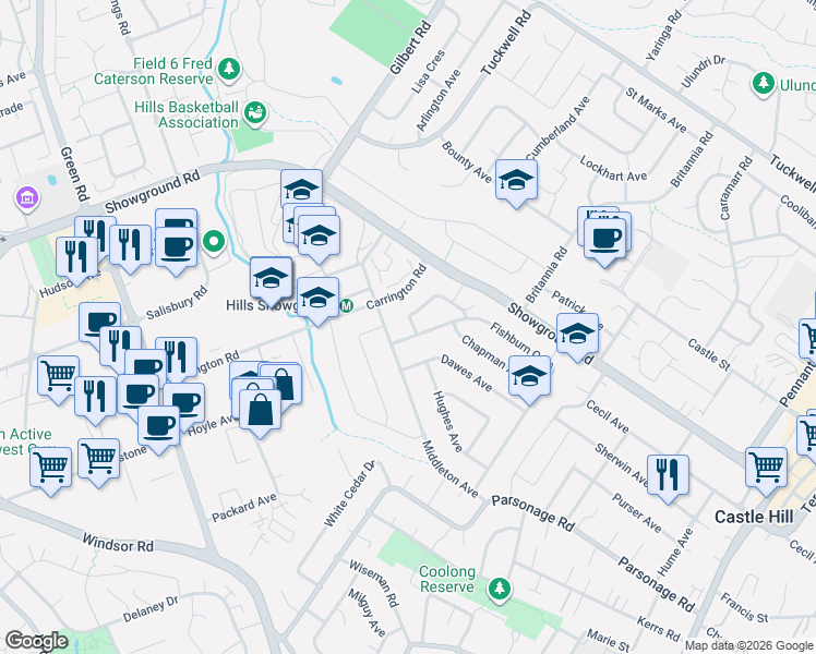 map of restaurants, bars, coffee shops, grocery stores, and more near 24 Fishburn Crescent in Castle Hill