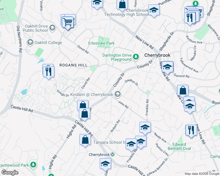 map of restaurants, bars, coffee shops, grocery stores, and more near 29 Haven Court in Cherrybrook