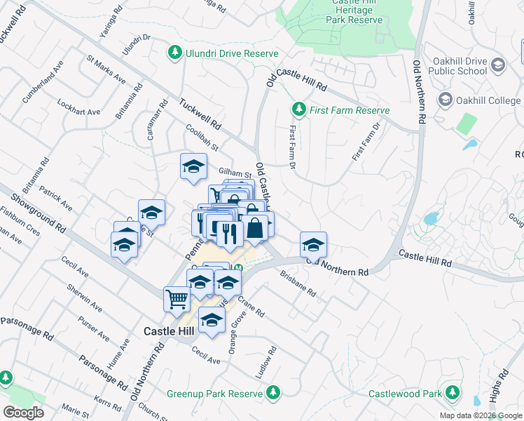 map of restaurants, bars, coffee shops, grocery stores, and more near 5 Gladstone Road in Castle Hill