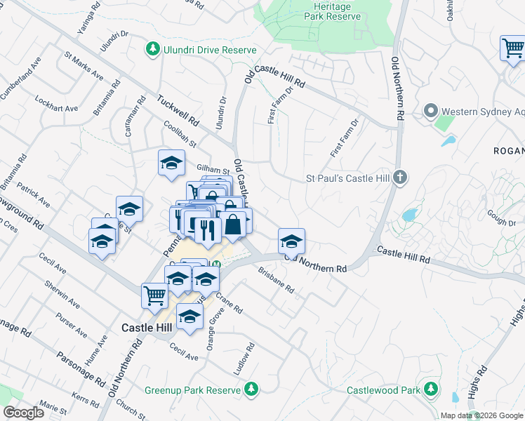 map of restaurants, bars, coffee shops, grocery stores, and more near 33-35 Garthowen Crescent in Castle Hill