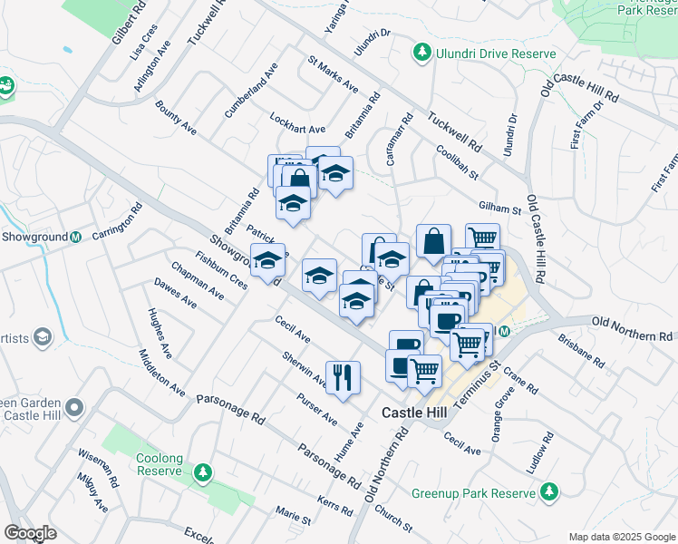 map of restaurants, bars, coffee shops, grocery stores, and more near 59a Castle Street in Castle Hill