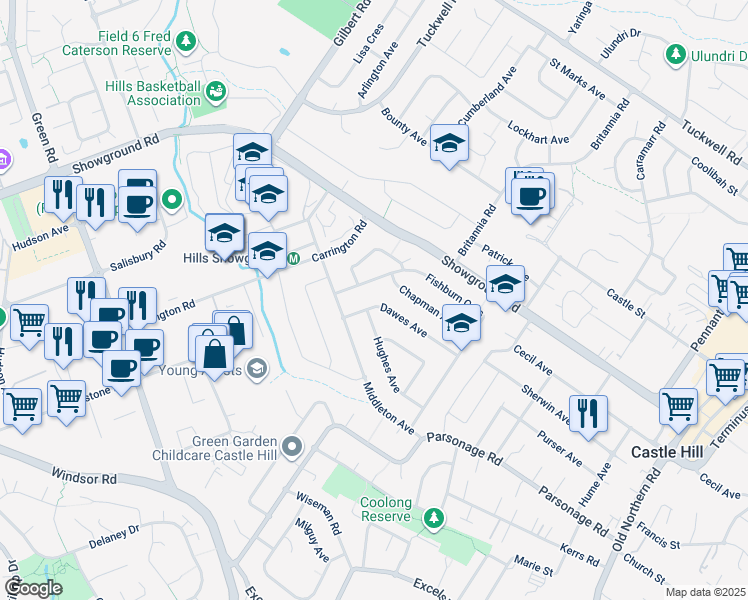 map of restaurants, bars, coffee shops, grocery stores, and more near 33 Dawes Avenue in Castle Hill