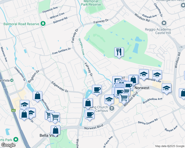 map of restaurants, bars, coffee shops, grocery stores, and more near 100 Fairway Drive in Kellyville