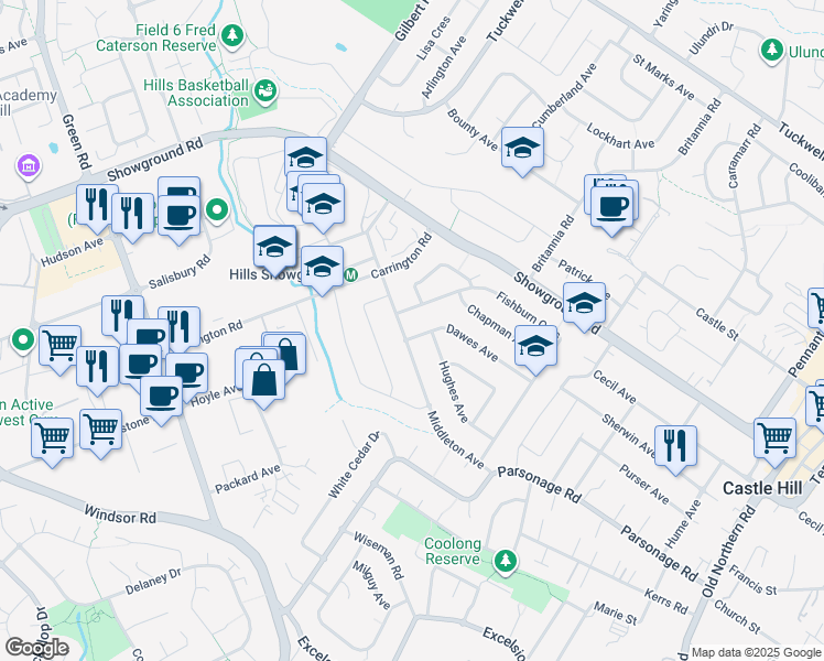 map of restaurants, bars, coffee shops, grocery stores, and more near 16 Middleton Avenue in Castle Hill