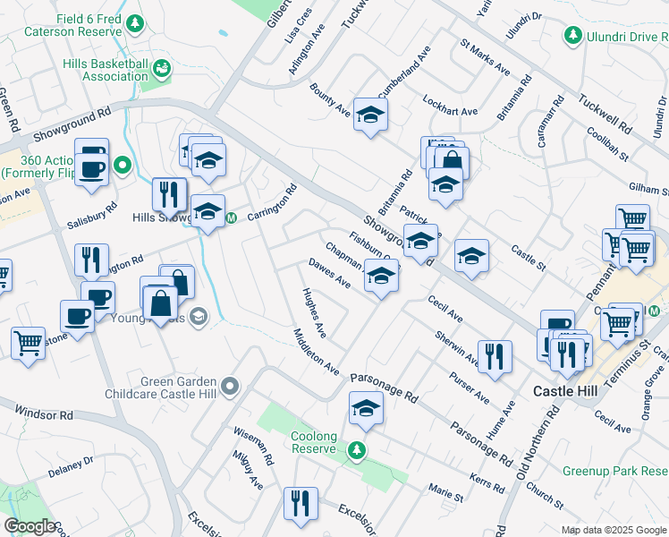 map of restaurants, bars, coffee shops, grocery stores, and more near 19 Dawes Avenue in Castle Hill