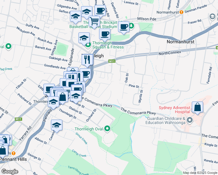 map of restaurants, bars, coffee shops, grocery stores, and more near 50 Hillmont Avenue in Thornleigh