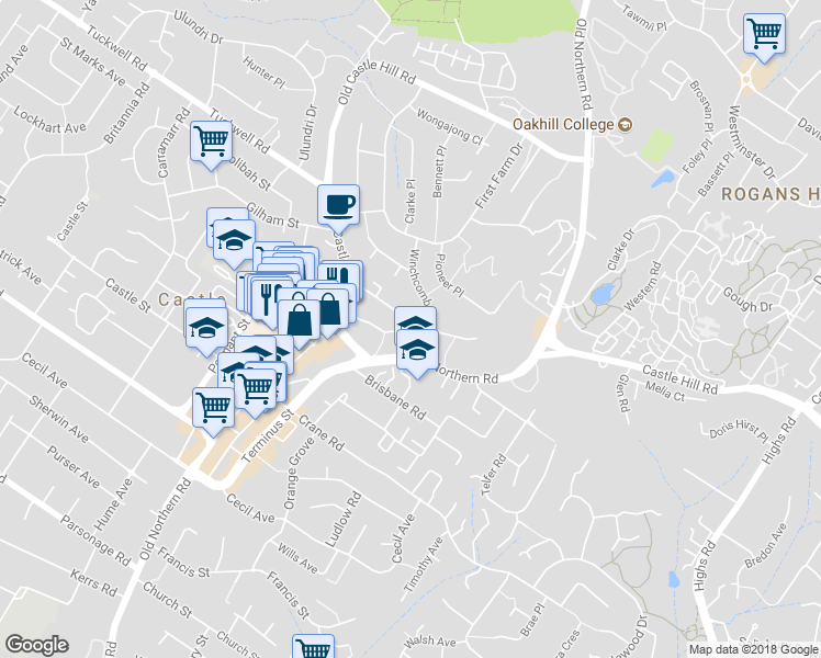 map of restaurants, bars, coffee shops, grocery stores, and more near 15 Garthowen Crescent in Castle Hill