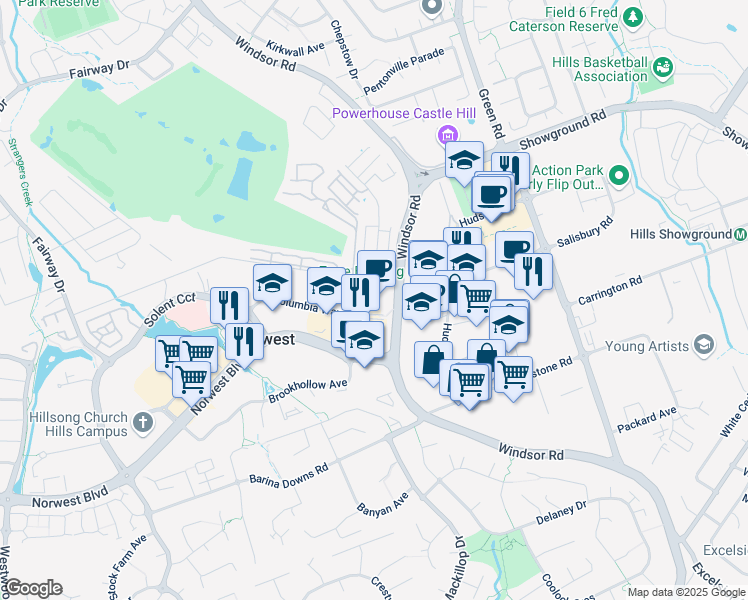 map of restaurants, bars, coffee shops, grocery stores, and more near 3 Columbia Court in Baulkham Hills