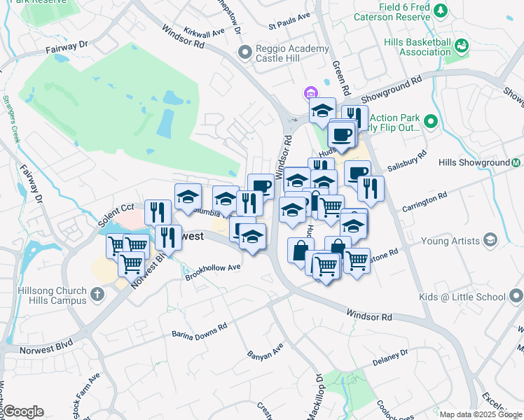 map of restaurants, bars, coffee shops, grocery stores, and more near 3 Columbia Court in Baulkham Hills