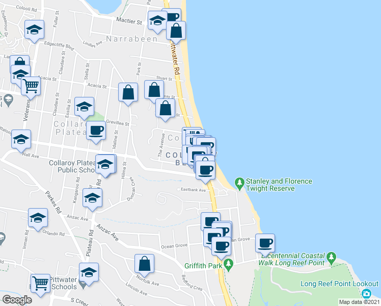 map of restaurants, bars, coffee shops, grocery stores, and more near 2 Fielding Street in Collaroy