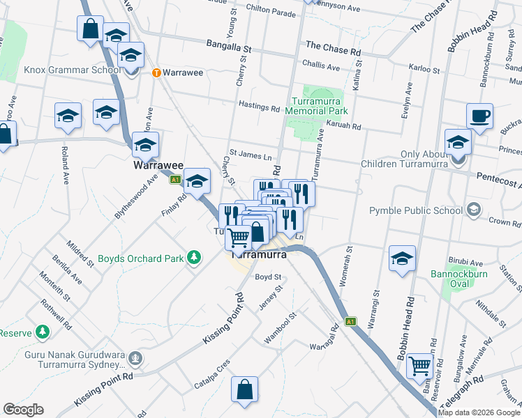 map of restaurants, bars, coffee shops, grocery stores, and more near 41-49 Rohini Street in Turramurra