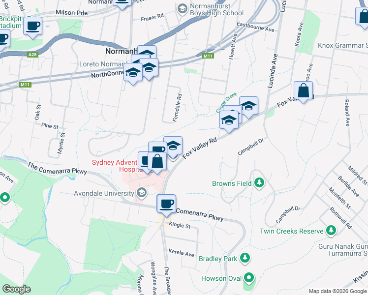 map of restaurants, bars, coffee shops, grocery stores, and more near 169 Fox Valley Road in Wahroonga