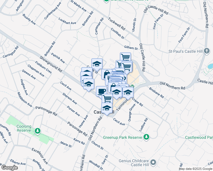 map of restaurants, bars, coffee shops, grocery stores, and more near 12 Pennant Street in Castle Hill