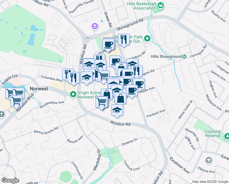 map of restaurants, bars, coffee shops, grocery stores, and more near 5 Gladstone Road in Castle Hill