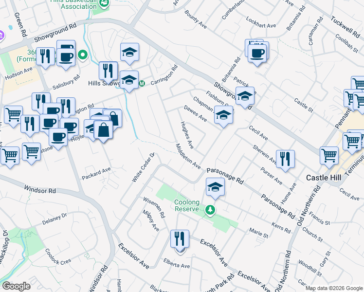 map of restaurants, bars, coffee shops, grocery stores, and more near 42A Middleton Avenue in Castle Hill