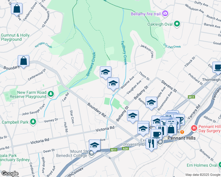 map of restaurants, bars, coffee shops, grocery stores, and more near Laurence Street in Pennant Hills