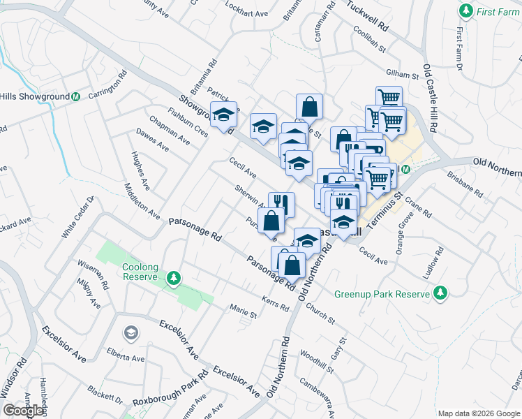 map of restaurants, bars, coffee shops, grocery stores, and more near 32 Sherwin Avenue in Castle Hill