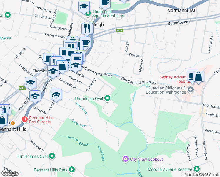 map of restaurants, bars, coffee shops, grocery stores, and more near 28 Dawson Avenue in Thornleigh