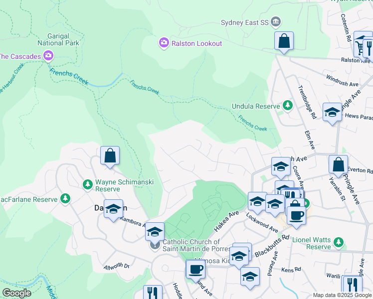 map of restaurants, bars, coffee shops, grocery stores, and more near 89 Haigh Avenue in Belrose