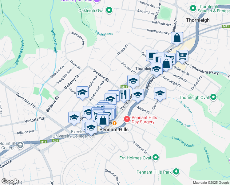 map of restaurants, bars, coffee shops, grocery stores, and more near 18 Werona Street in Pennant Hills