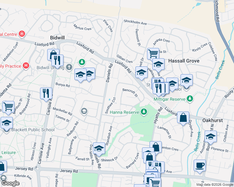map of restaurants, bars, coffee shops, grocery stores, and more near 121 Southee Circuit in Oakhurst