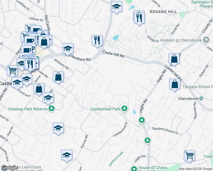 map of restaurants, bars, coffee shops, grocery stores, and more near 22 Amberwood Way in Castle Hill