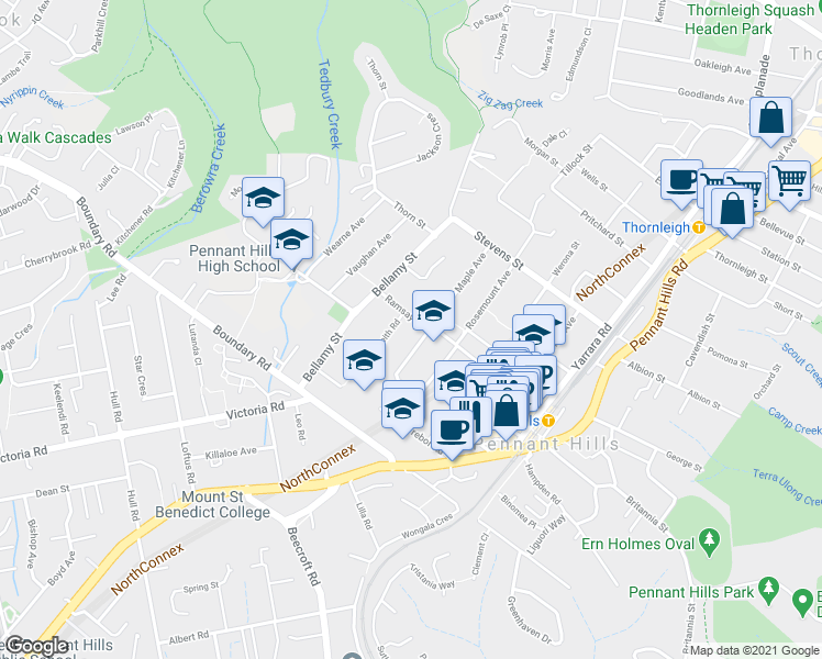 map of restaurants, bars, coffee shops, grocery stores, and more near 43 Ramsay Road in Pennant Hills
