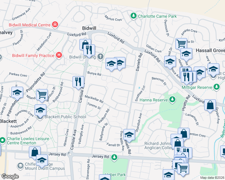 map of restaurants, bars, coffee shops, grocery stores, and more near 40 Kerwin Circle in Hebersham