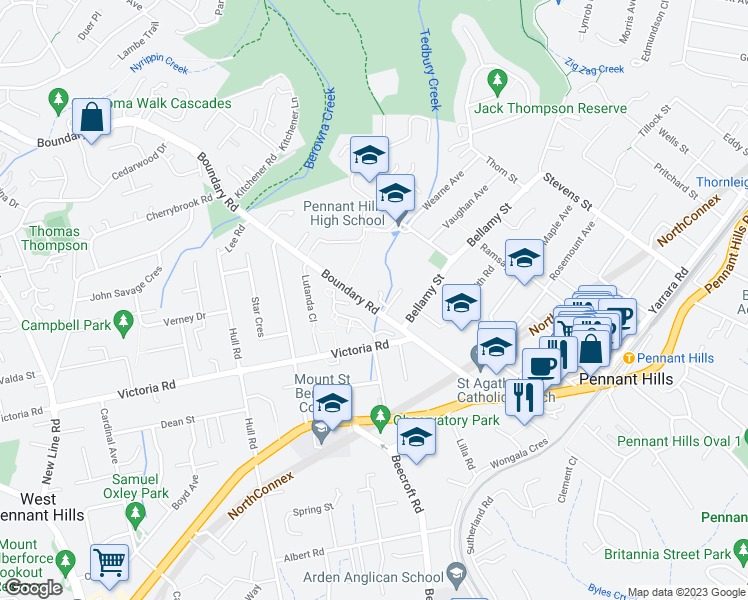 map of restaurants, bars, coffee shops, grocery stores, and more near 1C Swan Place in Pennant Hills