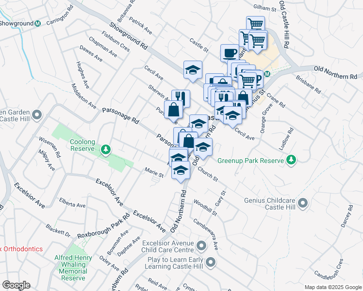 map of restaurants, bars, coffee shops, grocery stores, and more near 1-7 Hume Avenue in Castle Hill