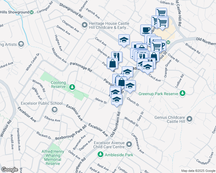 map of restaurants, bars, coffee shops, grocery stores, and more near 19 Parsonage Road in Castle Hill