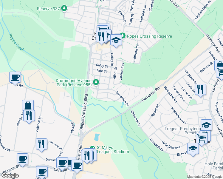 map of restaurants, bars, coffee shops, grocery stores, and more near in Ropes Crossing