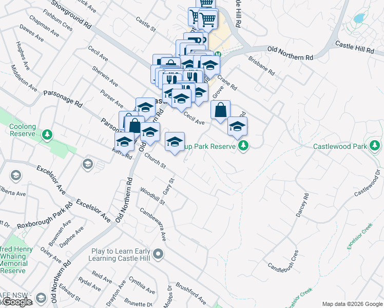 map of restaurants, bars, coffee shops, grocery stores, and more near 38-40 Francis Street in Castle Hill