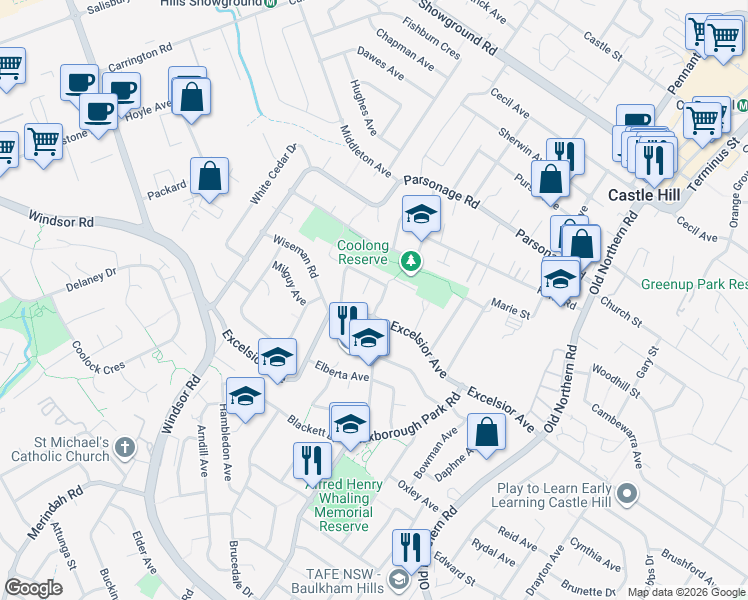 map of restaurants, bars, coffee shops, grocery stores, and more near 4 Mornington Avenue in Castle Hill