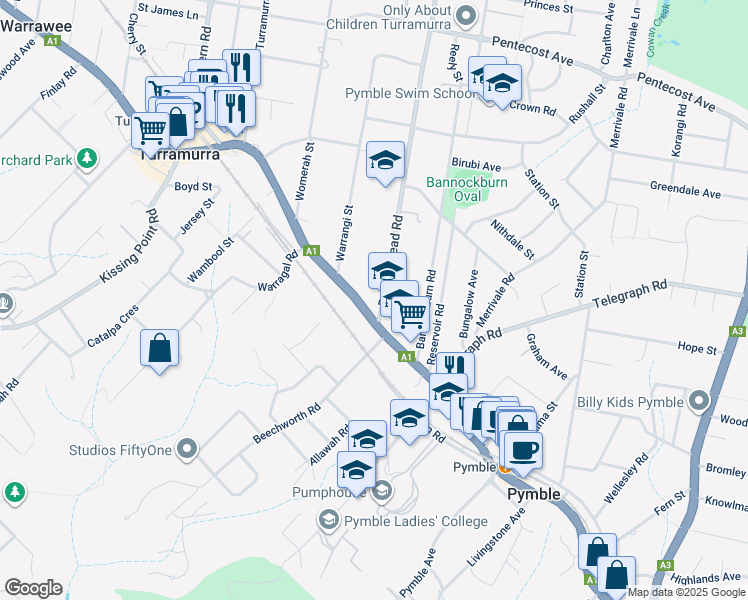 map of restaurants, bars, coffee shops, grocery stores, and more near 2 Bobbin Head Road in Pymble