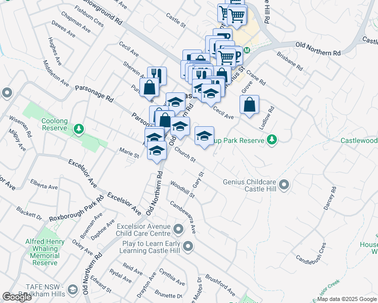 map of restaurants, bars, coffee shops, grocery stores, and more near 9 Church Street in Castle Hill
