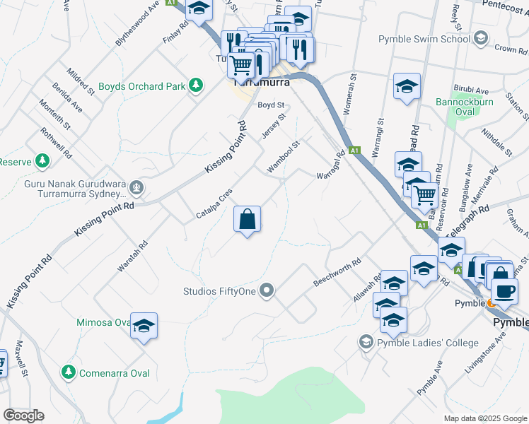 map of restaurants, bars, coffee shops, grocery stores, and more near 62 Warragal Road in Turramurra