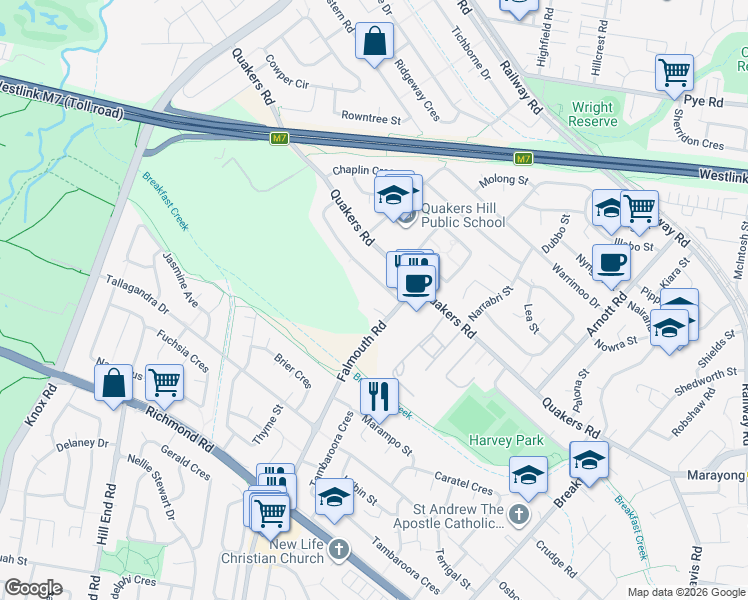 map of restaurants, bars, coffee shops, grocery stores, and more near 8 Mema Place in Quakers Hill