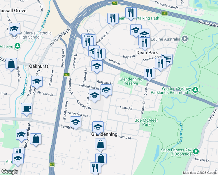 map of restaurants, bars, coffee shops, grocery stores, and more near 7 Bellingham Avenue in Glendenning