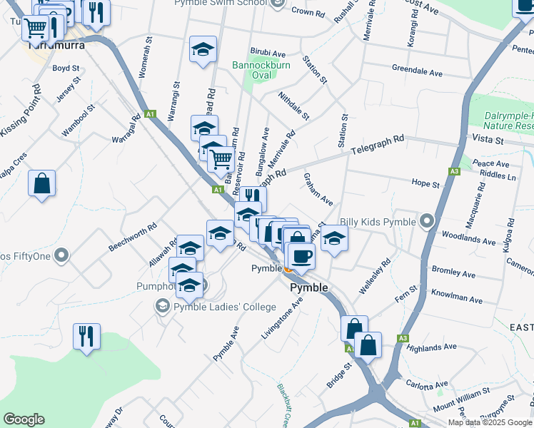 map of restaurants, bars, coffee shops, grocery stores, and more near 16 Park Crescent in Pymble