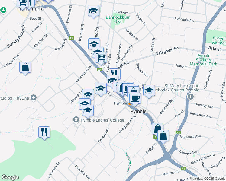 map of restaurants, bars, coffee shops, grocery stores, and more near 1176 Pacific Highway in Pymble