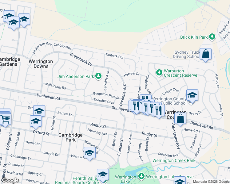 map of restaurants, bars, coffee shops, grocery stores, and more near 17 Cobblestone Place in Werrington Downs