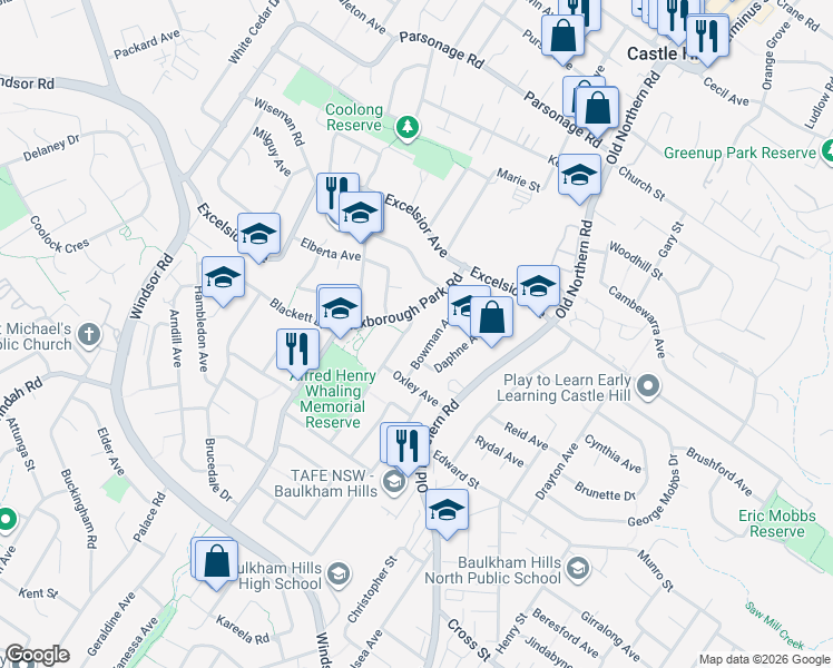map of restaurants, bars, coffee shops, grocery stores, and more near 47 Mileham Avenue in Castle Hill