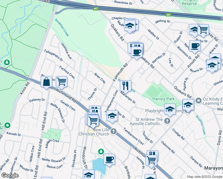 map of restaurants, bars, coffee shops, grocery stores, and more near 44 Falmouth Road in Marayong