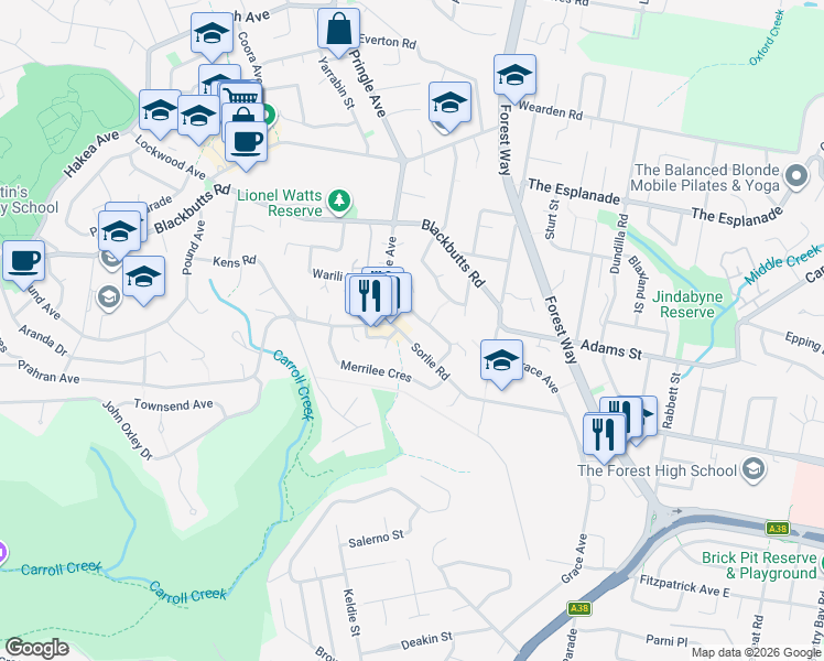 map of restaurants, bars, coffee shops, grocery stores, and more near 58 Sorlie Road in Frenchs Forest