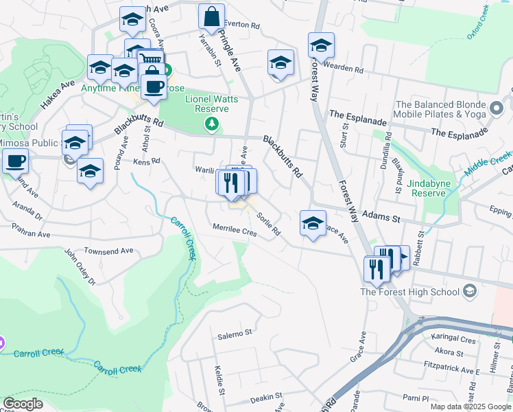 map of restaurants, bars, coffee shops, grocery stores, and more near 58 Sorlie Road in Frenchs Forest