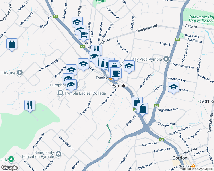 map of restaurants, bars, coffee shops, grocery stores, and more near 2 Avon Road in Pymble