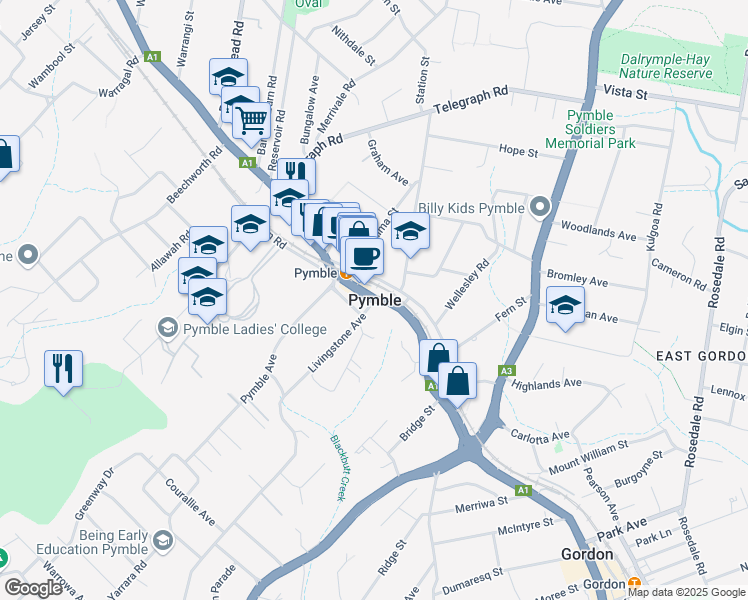 map of restaurants, bars, coffee shops, grocery stores, and more near in Pymble